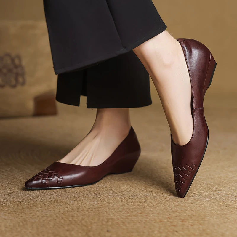 Emara Woven Leather Pumps — Genuine Leather Pointed Toe with Comfortable Wedge Heel