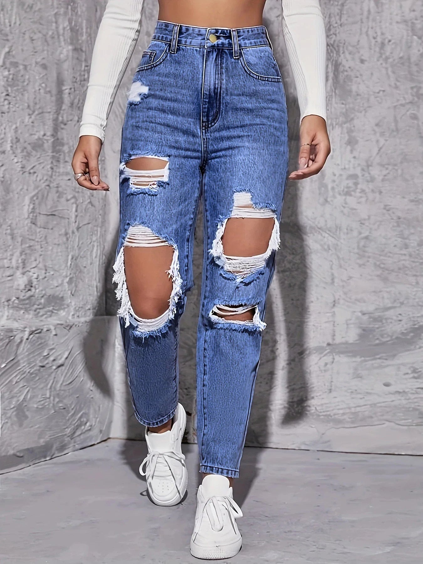 Maren Distress — High-Rise Straight Leg Denim Jeans