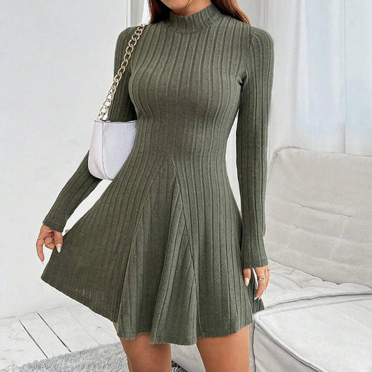 Lioren — Ribbed Mock Neck Dress with Flared Hem and Stretch Fit