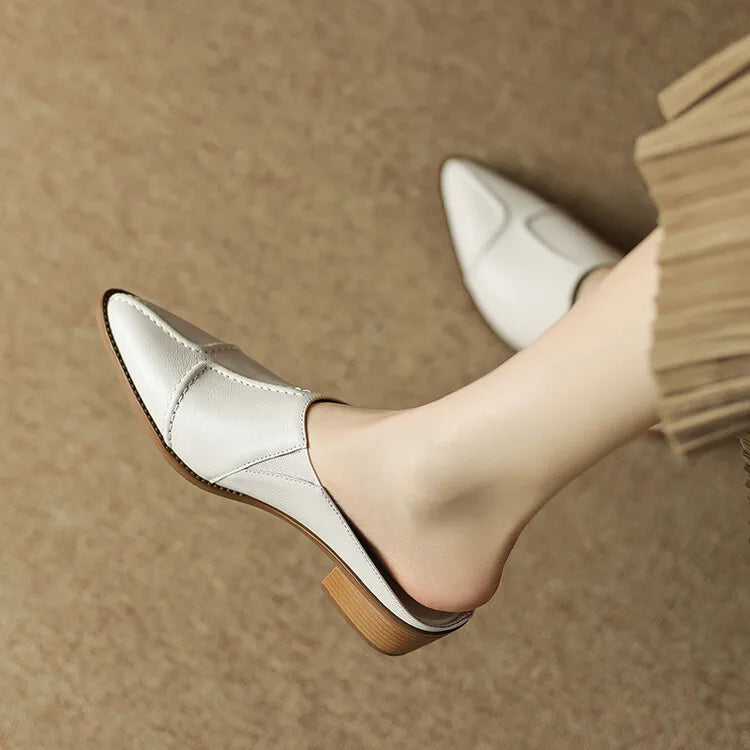 Elara — Hand-Stitched Leather Slip Mules with Wooden Heel