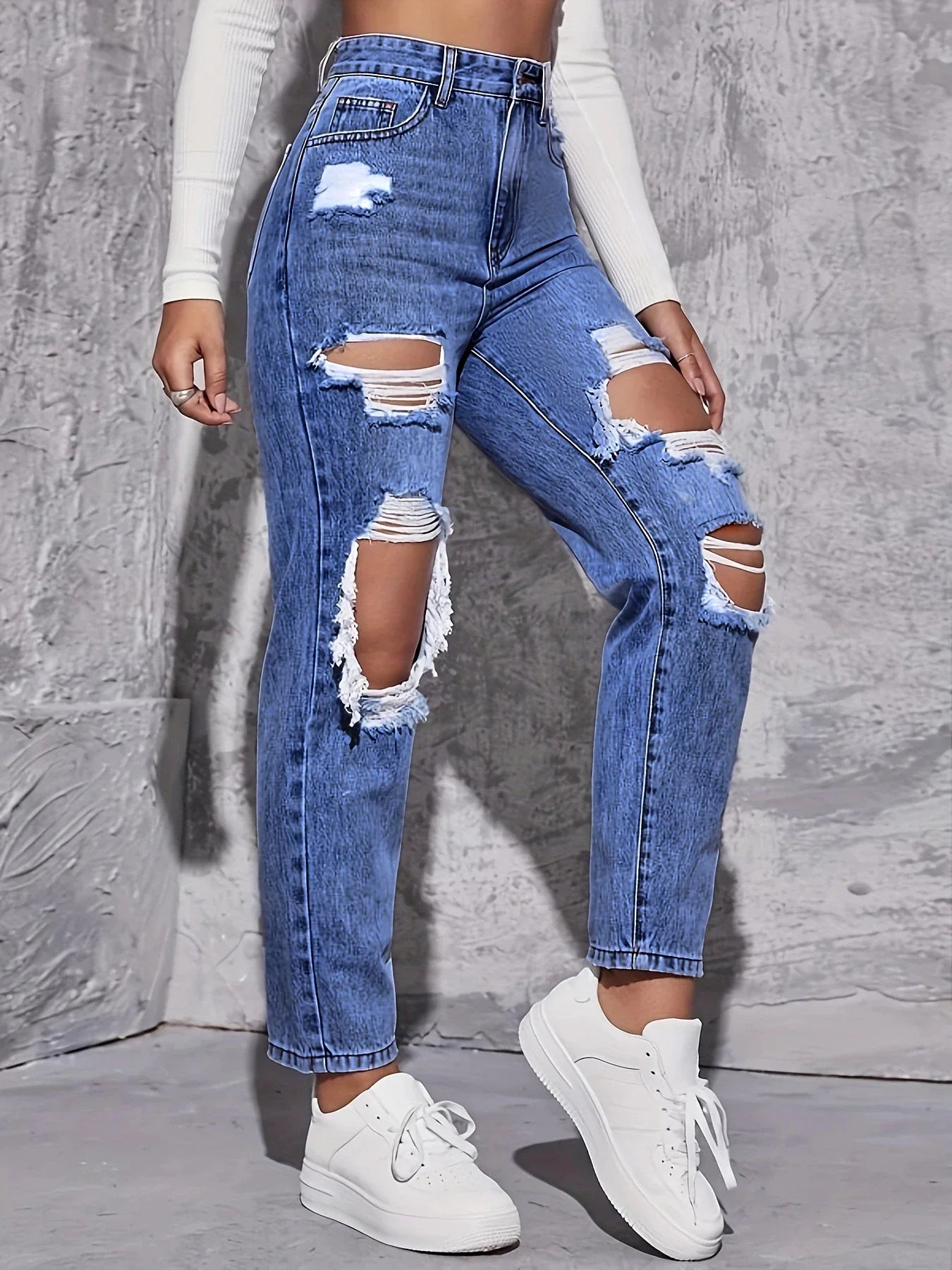 Maren Distress — High-Rise Straight Leg Denim Jeans