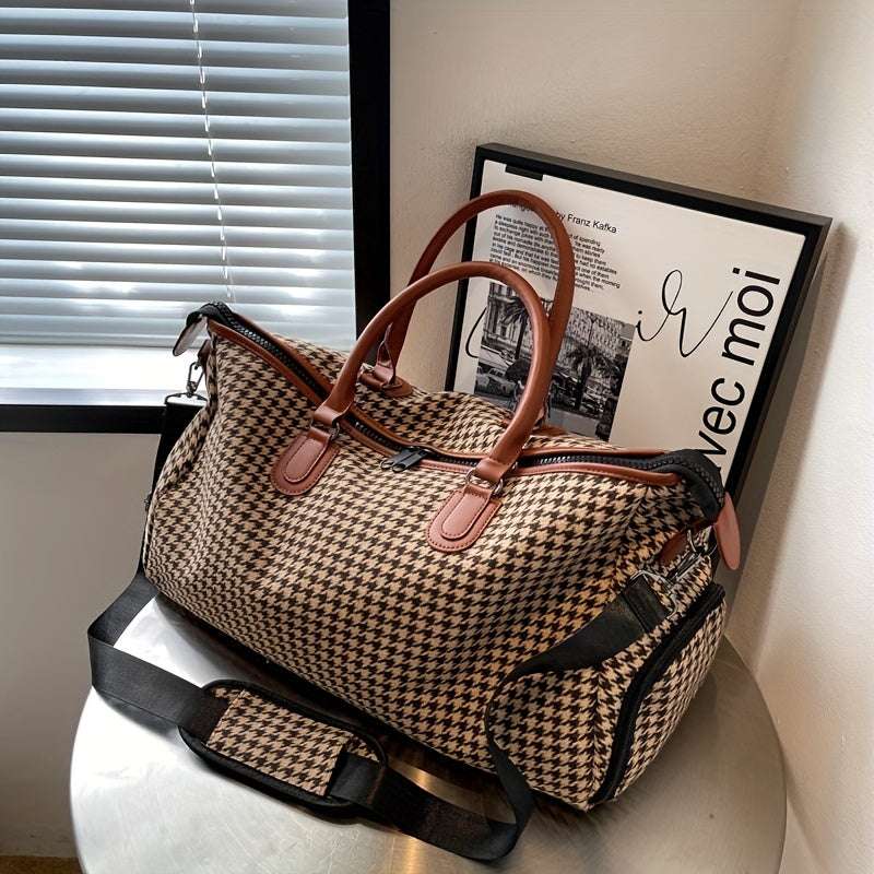 Lorian Weekender — Durable Houndstooth Canvas Travel Bag with Vegan Leather Trim