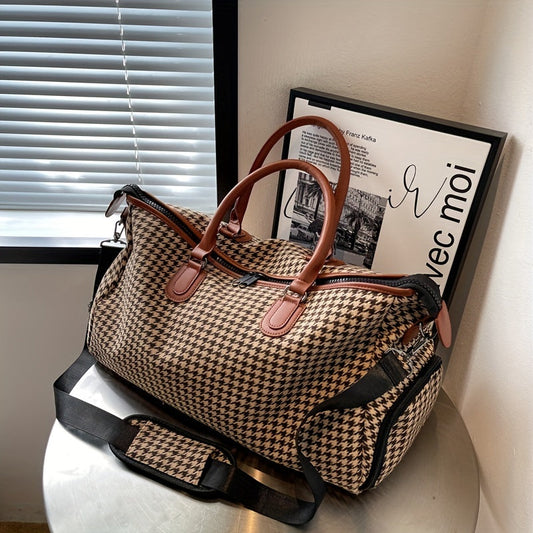 Lorian Weekender — Durable Houndstooth Canvas Travel Bag with Vegan Leather Trim
