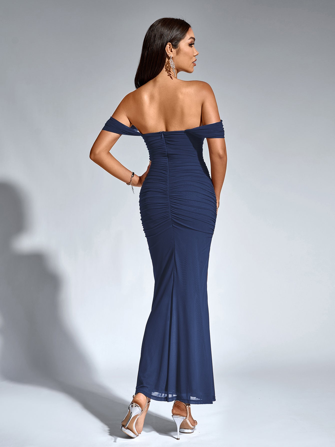 Vexira Off Shoulder Ruched Zipper Back Bodycon Dress