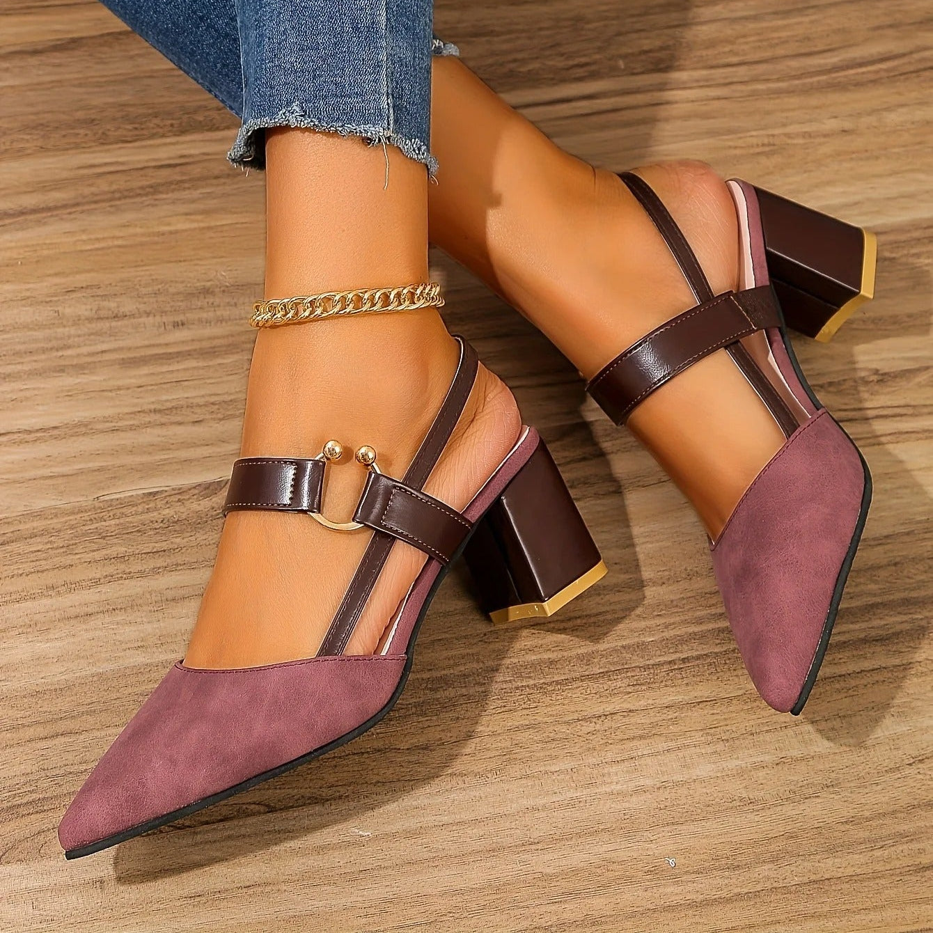 Elara Slingback Heels — Double Strap Pointed Toe Block Heel with Gold Detail