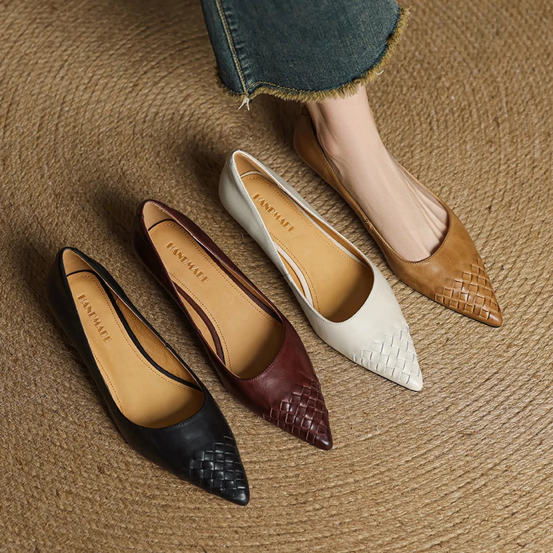 Emara Woven Leather Pumps — Genuine Leather Pointed Toe with Comfortable Wedge Heel