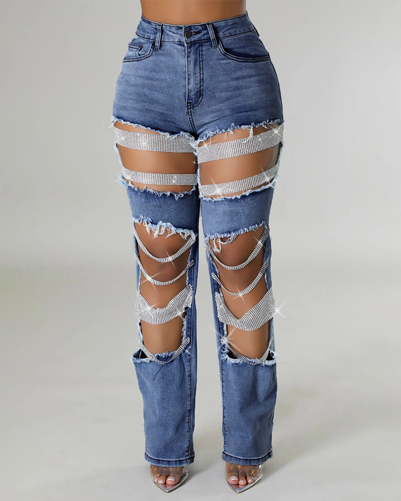 Norla — High-Waisted Pearl Embellished Stretch Jeans with Destroyed Finish