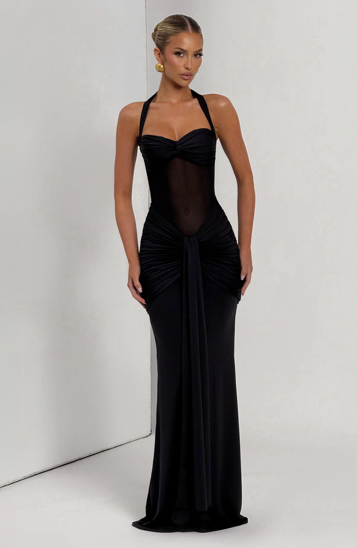 Liora — Sheer Mesh Bodycon Maxi Dress with Ruched Waist