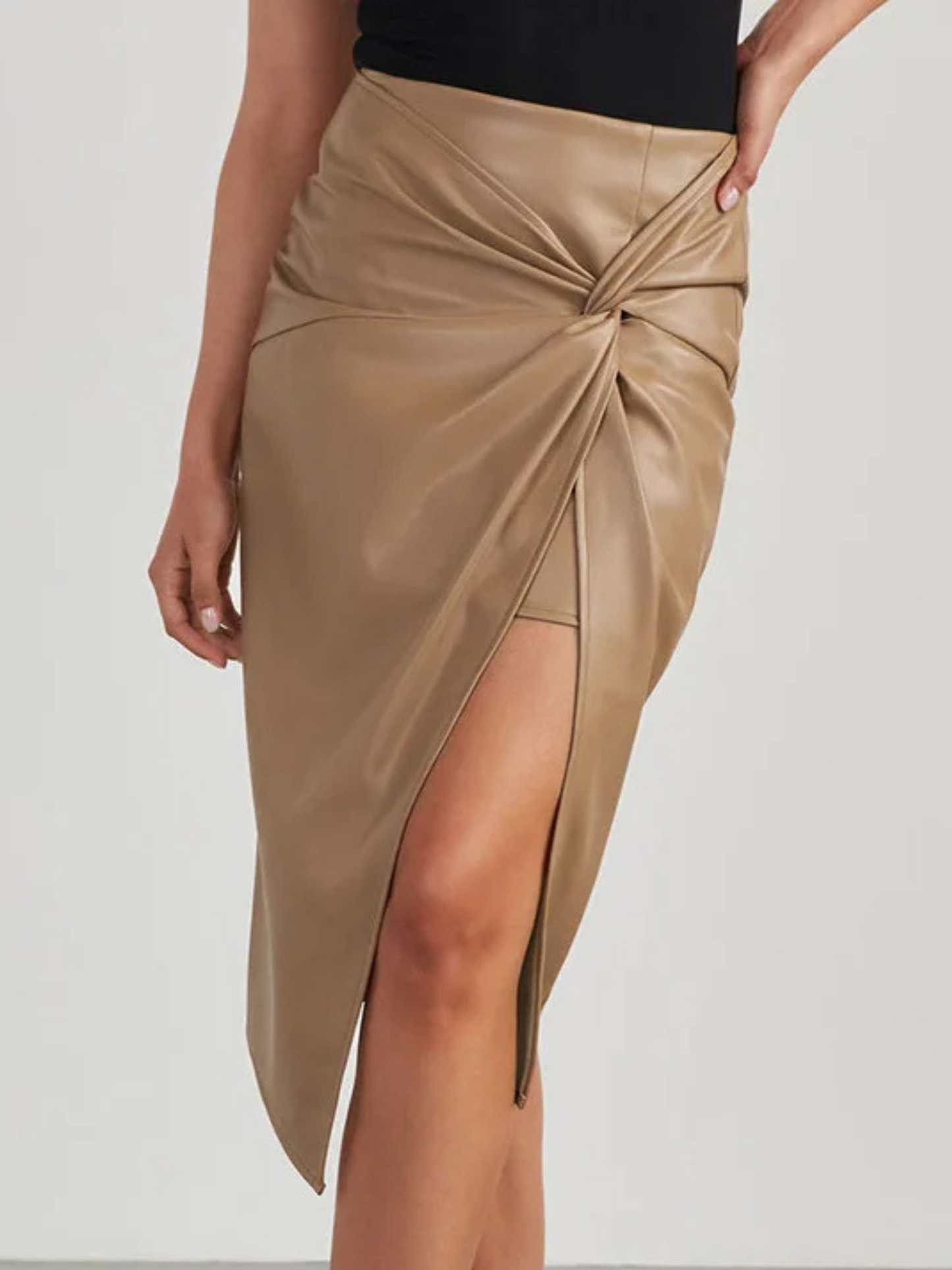 Marinelle — Vegan Leather Midi Skirt with Asymmetric Slit