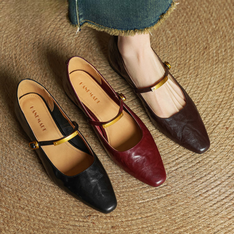 Ellara — Genuine Leather Mary Jane Pumps with Metal-Bit Strap