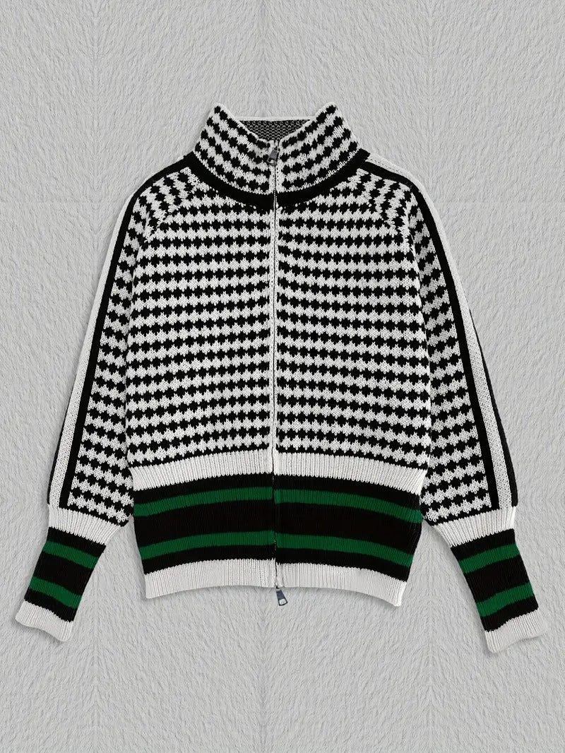 Zevran — Houndstooth Knit Sweater with Full Zip and High Collar