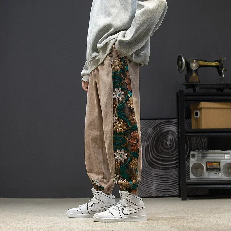 Arlenia — Vintage Cotton Pants with Floral Embroidery and Pockets