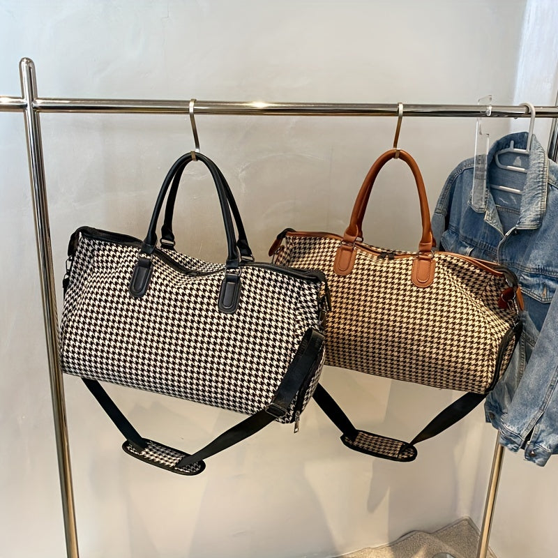 Lorian Weekender — Durable Houndstooth Canvas Travel Bag with Vegan Leather Trim
