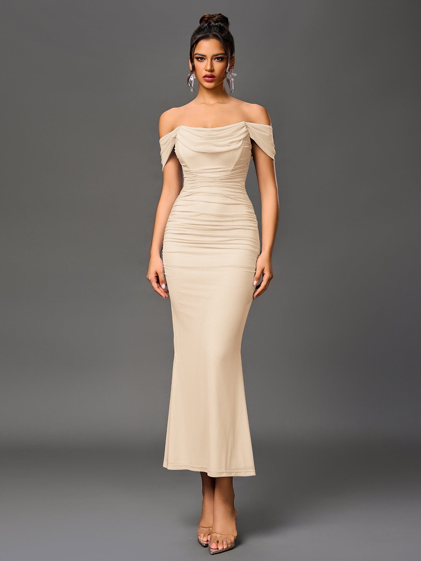 Vexira Off Shoulder Ruched Zipper Back Bodycon Dress