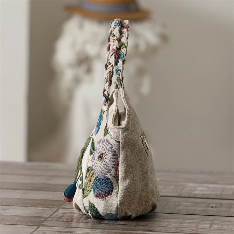 Elevai — Hand-Embroidered Canvas Bag with Braided Handle