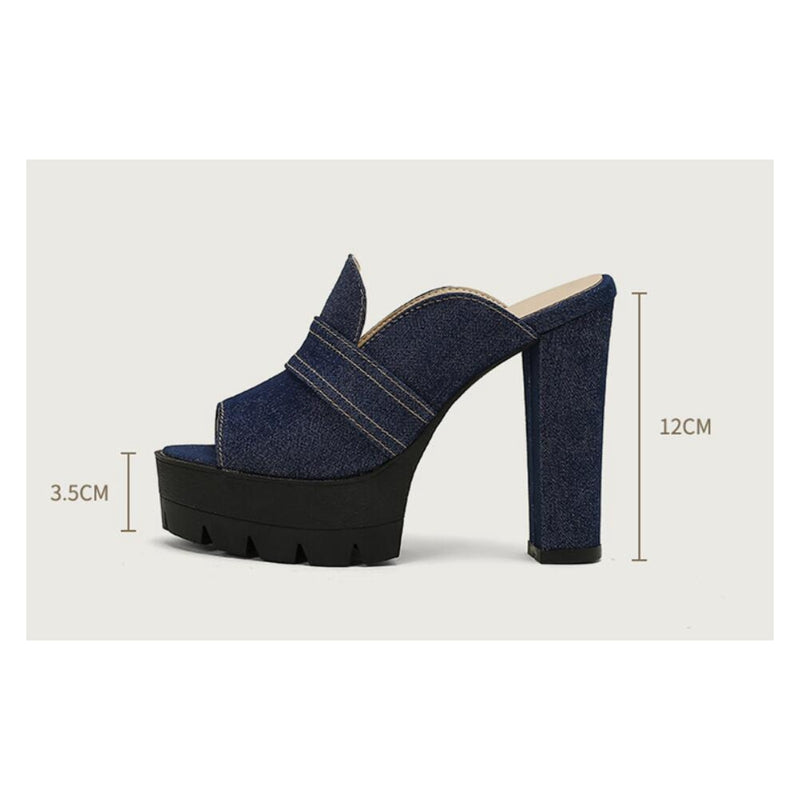 Norla Chunky Heel Denim Sandals — Raw Denim Open-Toe Comfort Heels