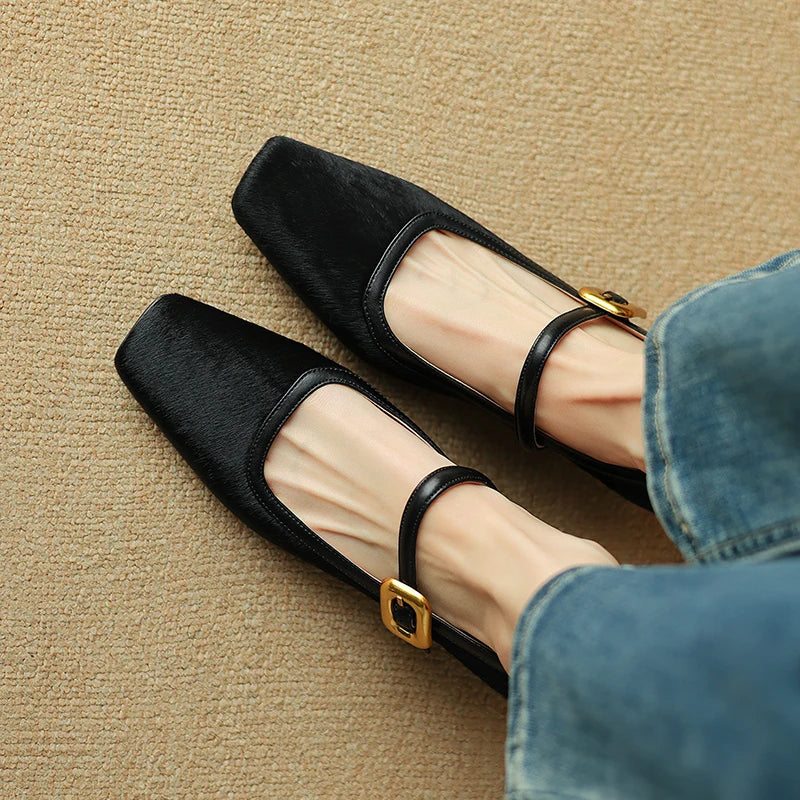 Embera — Genuine Horsehair Square-Toe Pumps with Low Block Heel