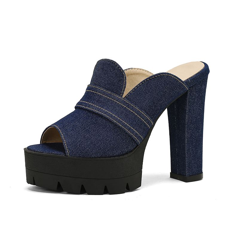 Norla Chunky Heel Denim Sandals — Raw Denim Open-Toe Comfort Heels