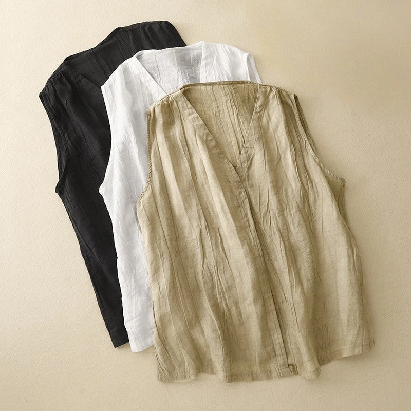 Veyan — Sleeveless Linen Blouse with Asymmetrical Gathered Fit