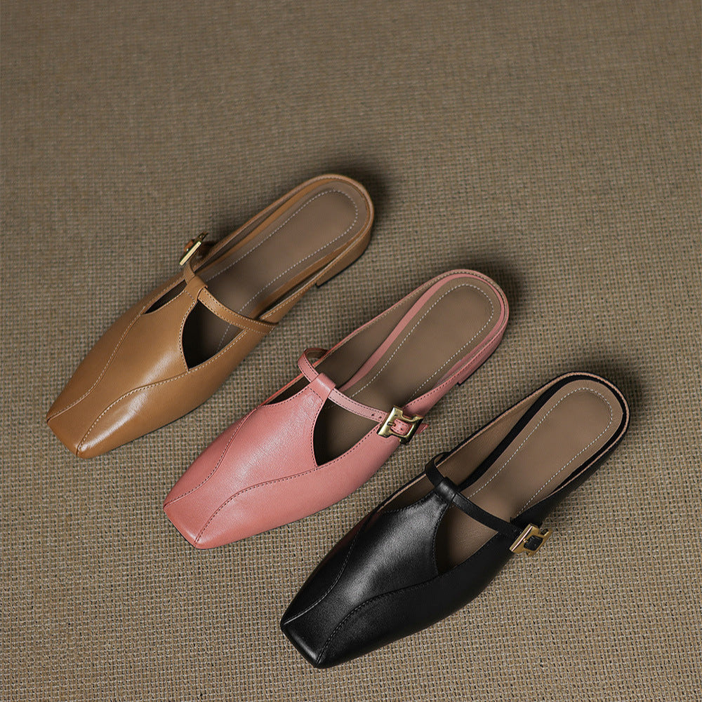 Velora — Genuine Leather T-Strap Mules with Cushioned Heel