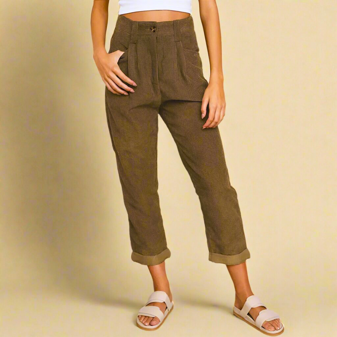 Lioren High Waist Corduroy Pants — Women’s Ankle-Length Comfort Fit