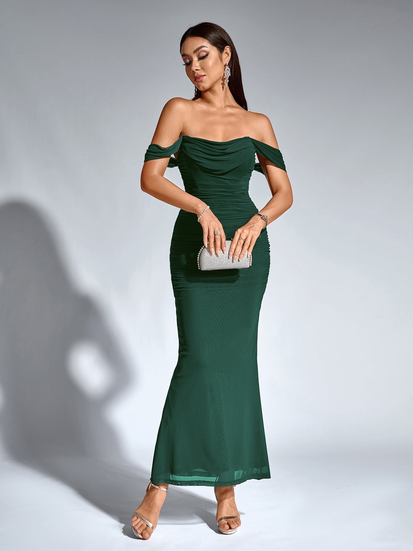 Vexira Off Shoulder Ruched Zipper Back Bodycon Dress