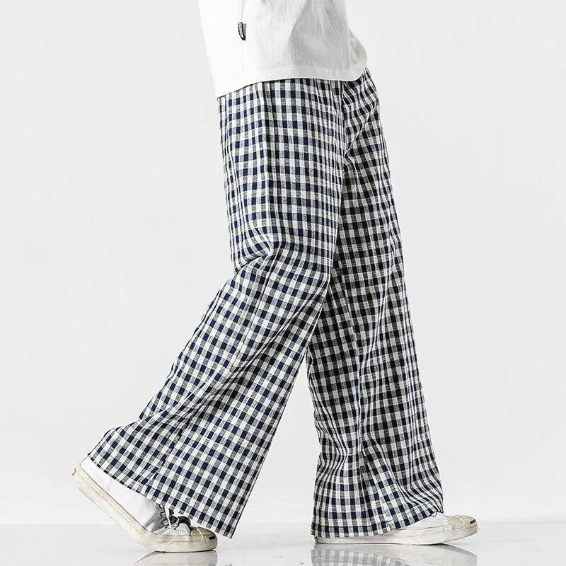 Larkford — Vintage Wide-Leg Check Trousers with Elastic Waistband