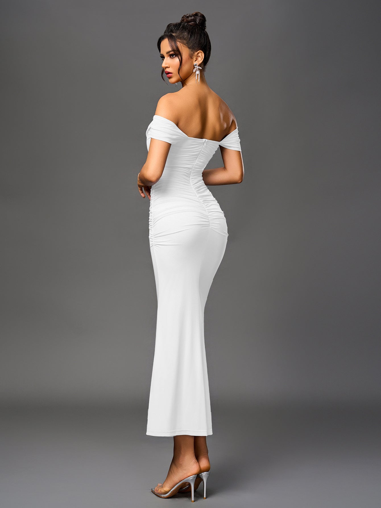 Vexira Off Shoulder Ruched Zipper Back Bodycon Dress