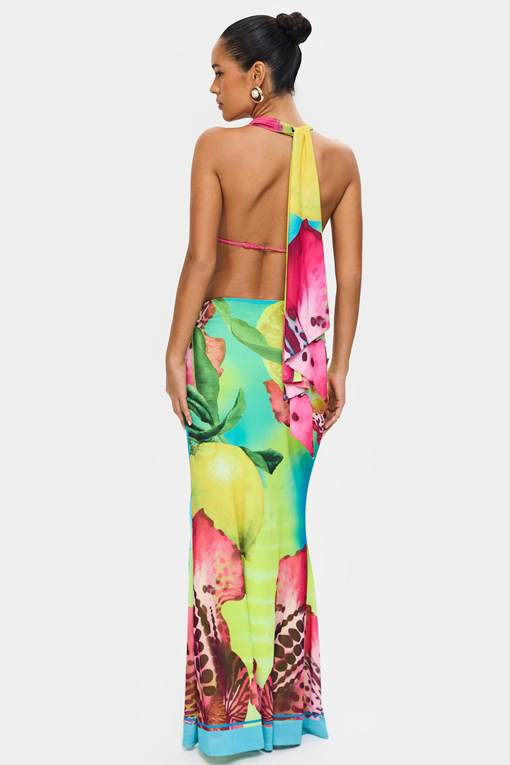 Elara Set — Women's Cowl Neck Top & Ruched Maxi Skirt with Tie Details