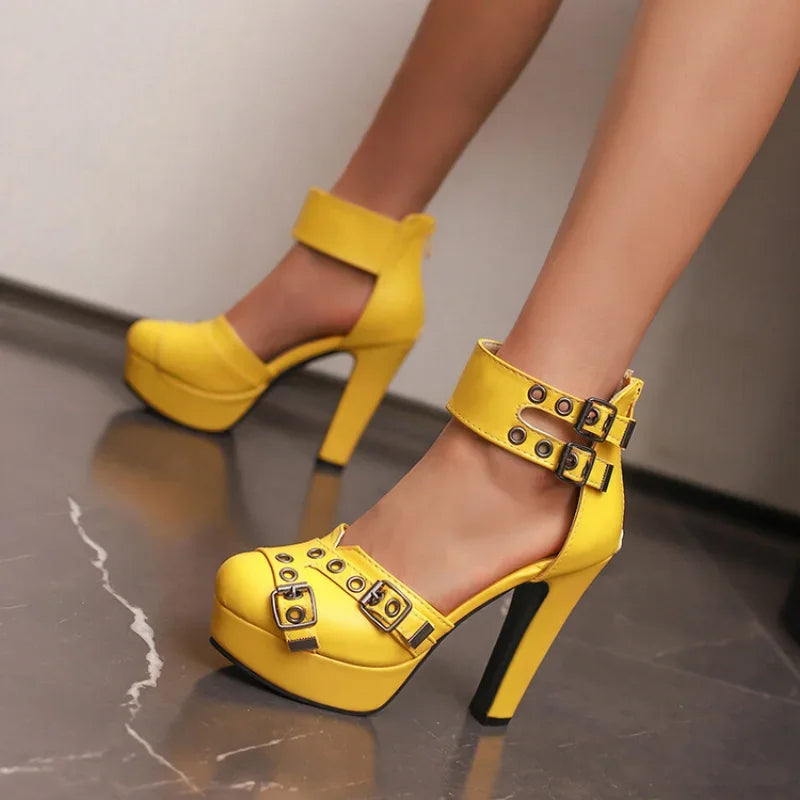 Norelle — Adjustable Double Buckle Leather Heels with 4.5" Block Heel