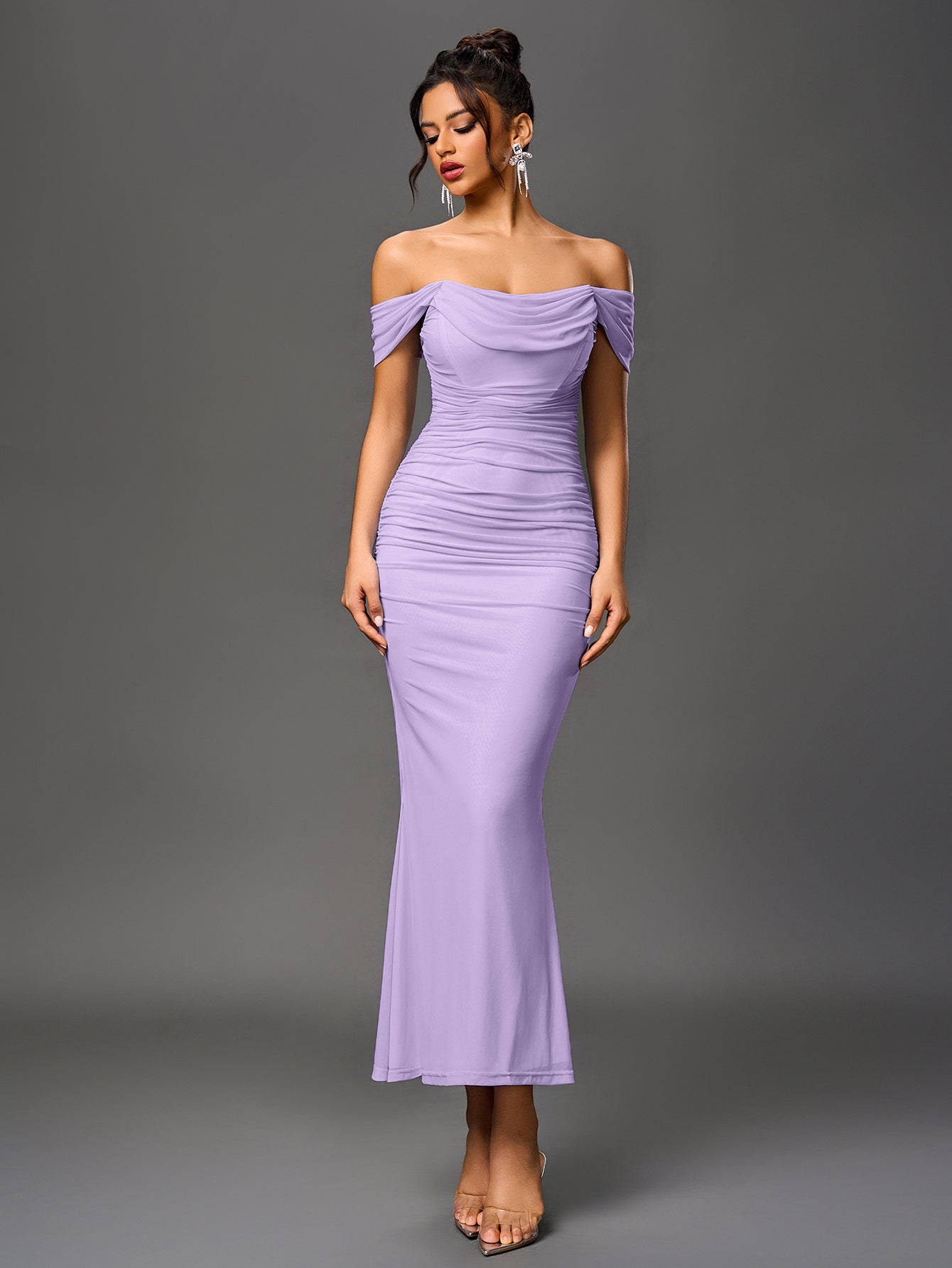 Vexira Off Shoulder Ruched Zipper Back Bodycon Dress