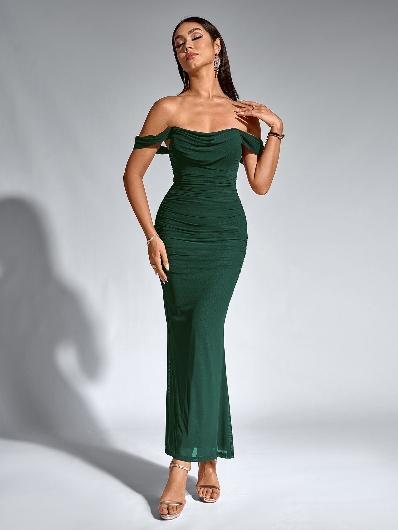 Vexira Off Shoulder Ruched Zipper Back Bodycon Dress