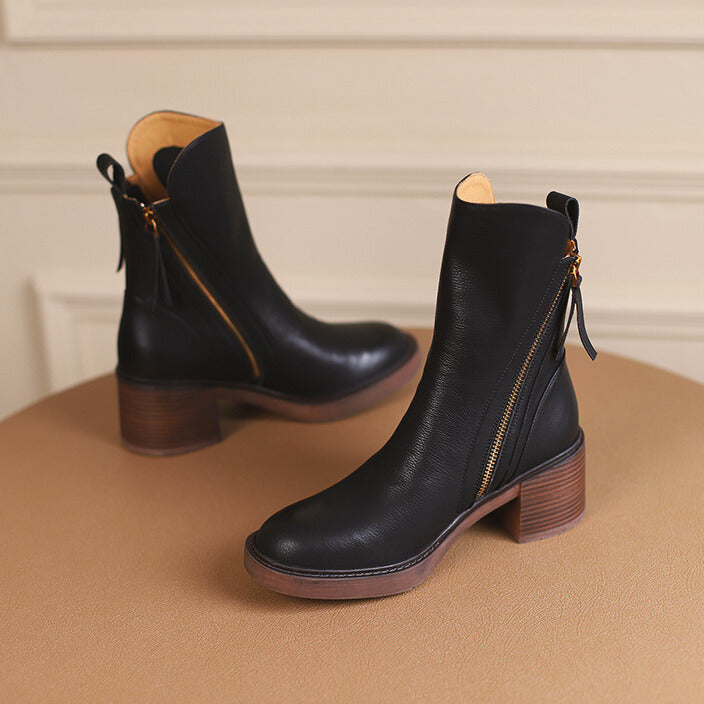 Vessara Vegan Leather Block-Heel Boots — Comfortable Zippered Fall Footwear