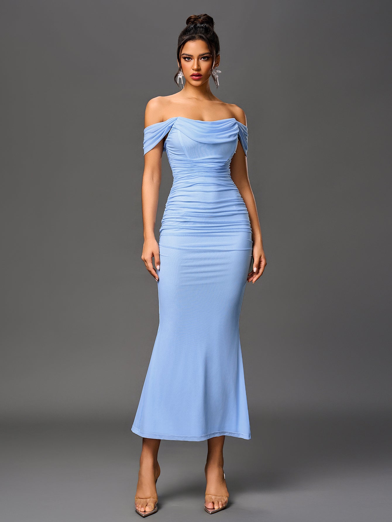 Vexira Off Shoulder Ruched Zipper Back Bodycon Dress