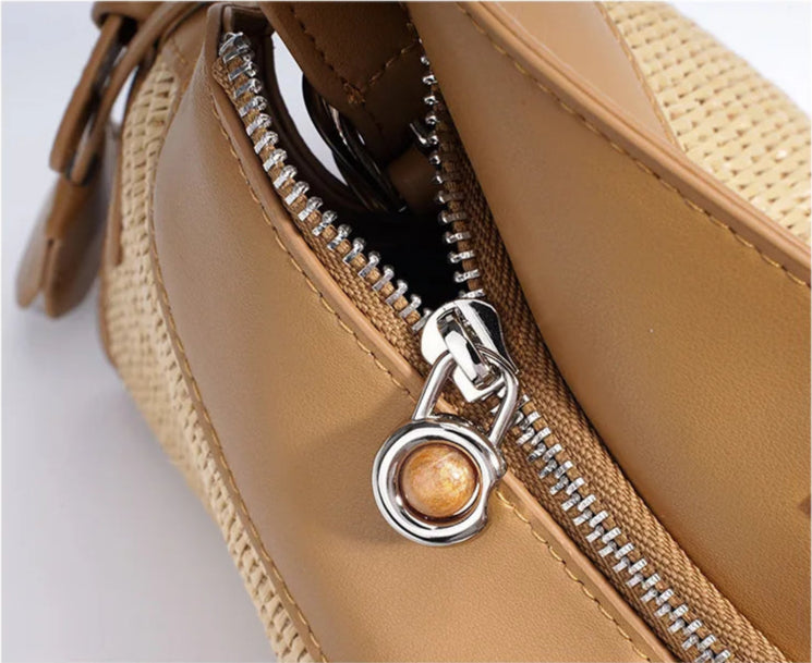 Lena — Handwoven Raffia and Leather Handbag with Turn Clasp Lock