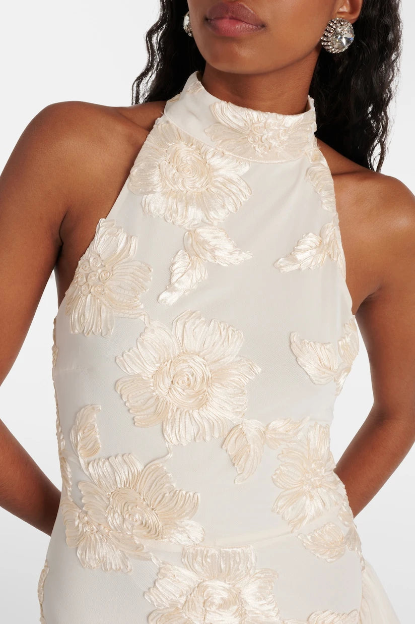 Liora — Floral Appliqué Maxi Dress with Sheer Layers