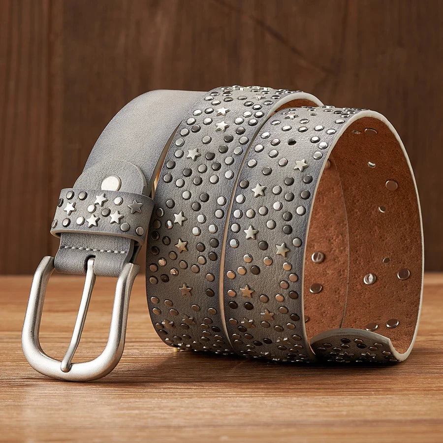 Liora — Genuine Leather Studded Belt with Star Accents