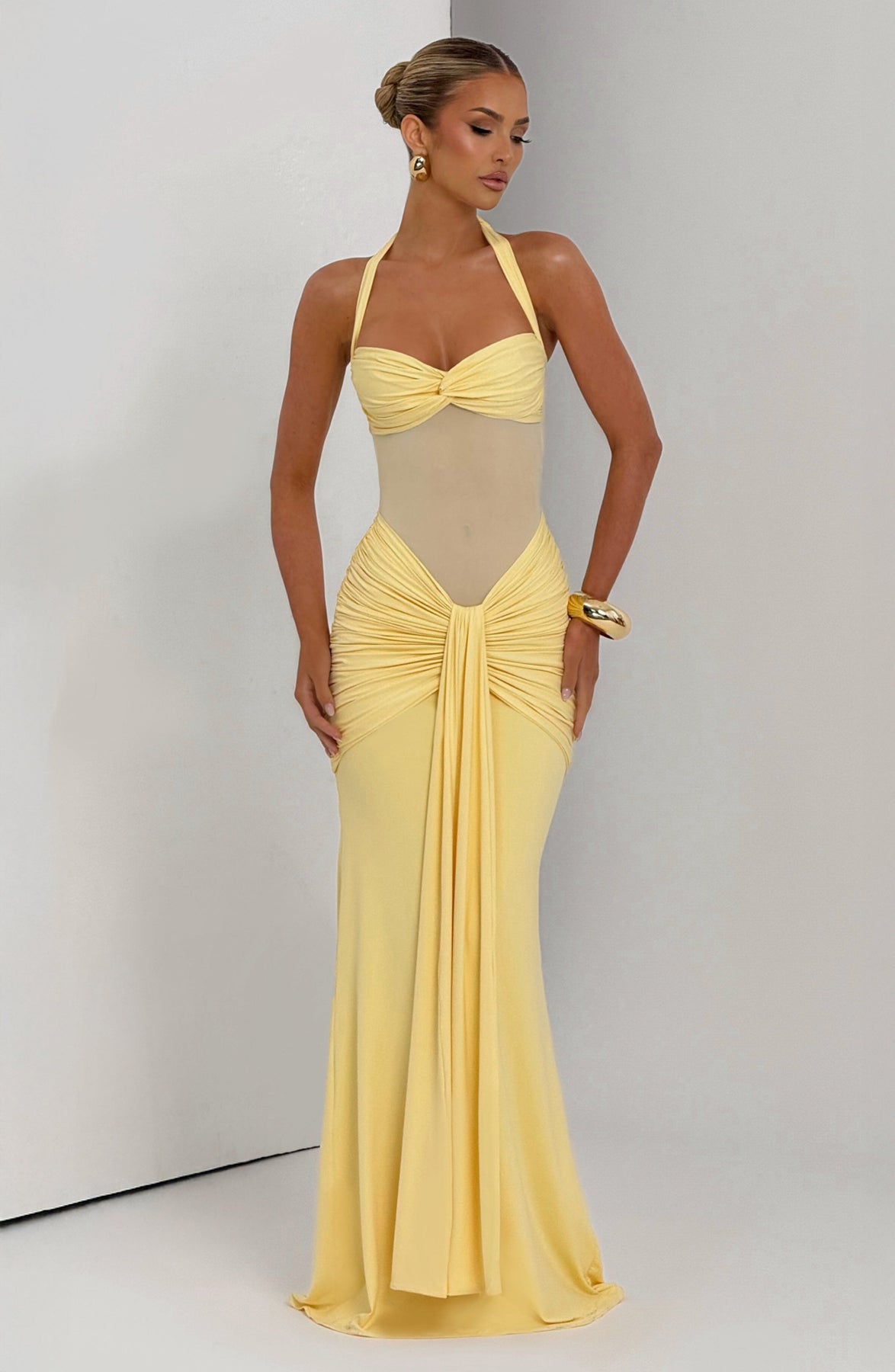 Liora — Sheer Mesh Bodycon Maxi Dress with Ruched Waist