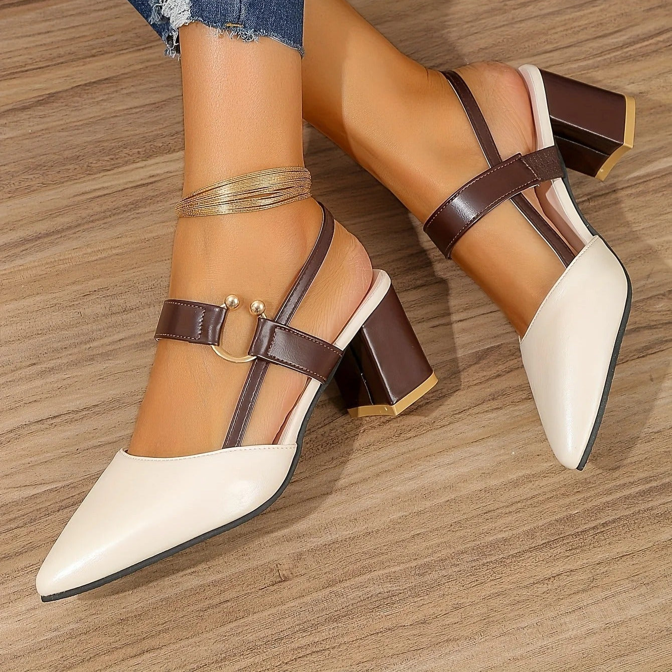 Elara Slingback Heels — Double Strap Pointed Toe Block Heel with Gold Detail