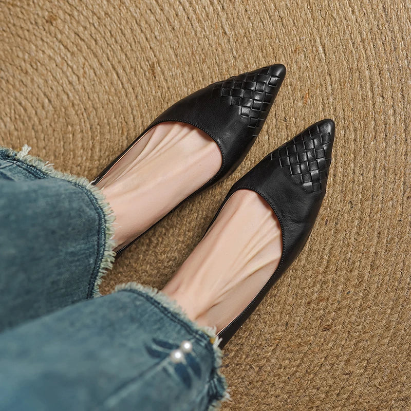 Emara Woven Leather Pumps — Genuine Leather Pointed Toe with Comfortable Wedge Heel