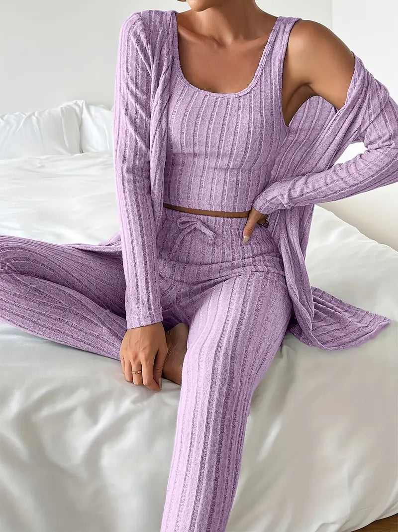 Vesira — 3-Piece Ribbed Knit Lounge Set with Slim Fit