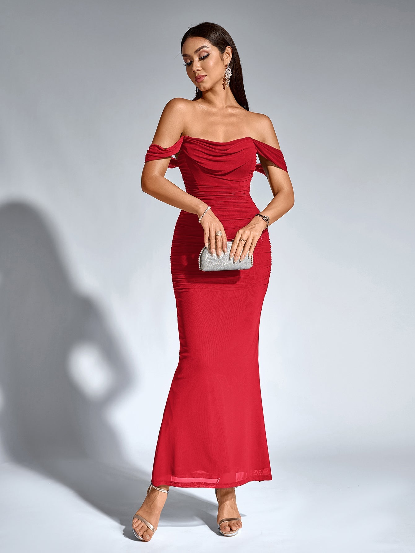 Vexira Off Shoulder Ruched Zipper Back Bodycon Dress