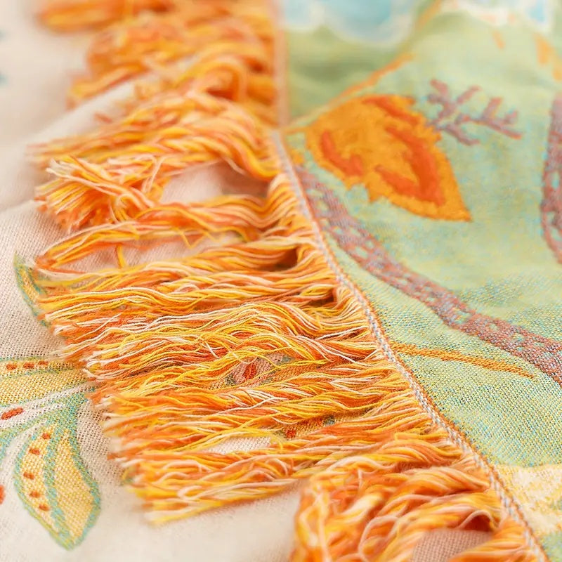 Liora — Boho Floral Cotton Throw Blanket with Textured Fringe