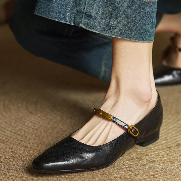 Ellara — Genuine Leather Mary Jane Pumps with Metal-Bit Strap