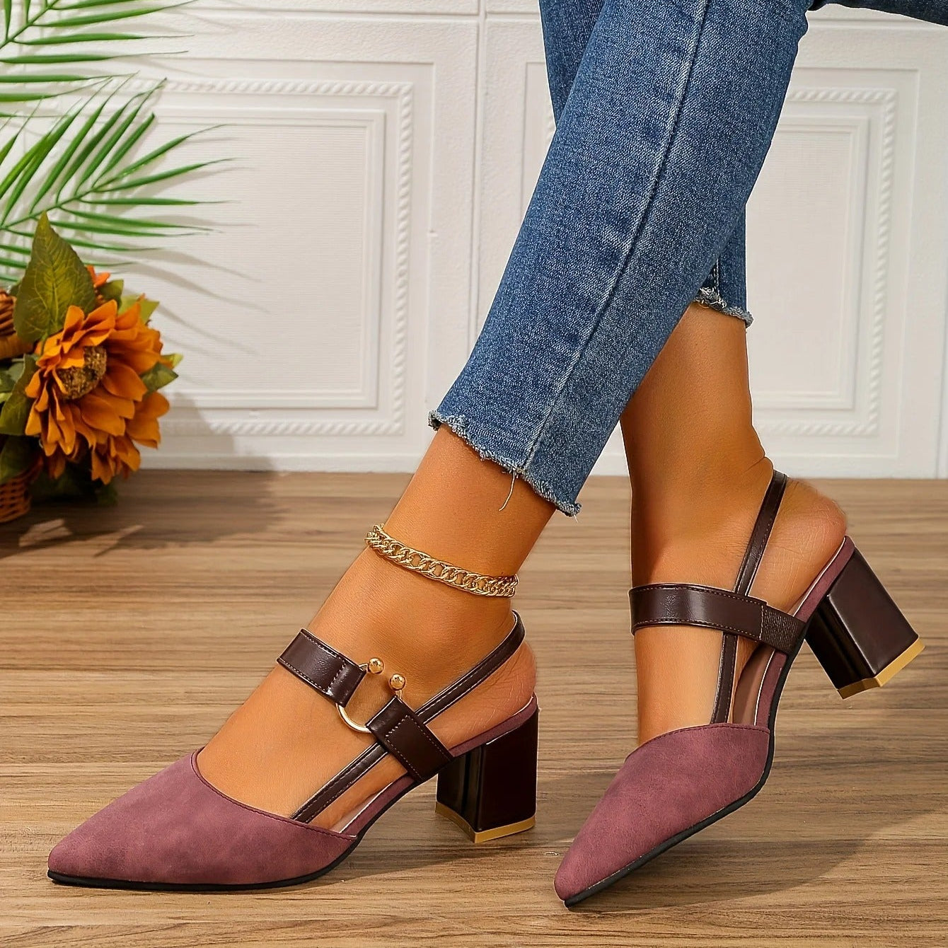 Elara Slingback Heels — Double Strap Pointed Toe Block Heel with Gold Detail
