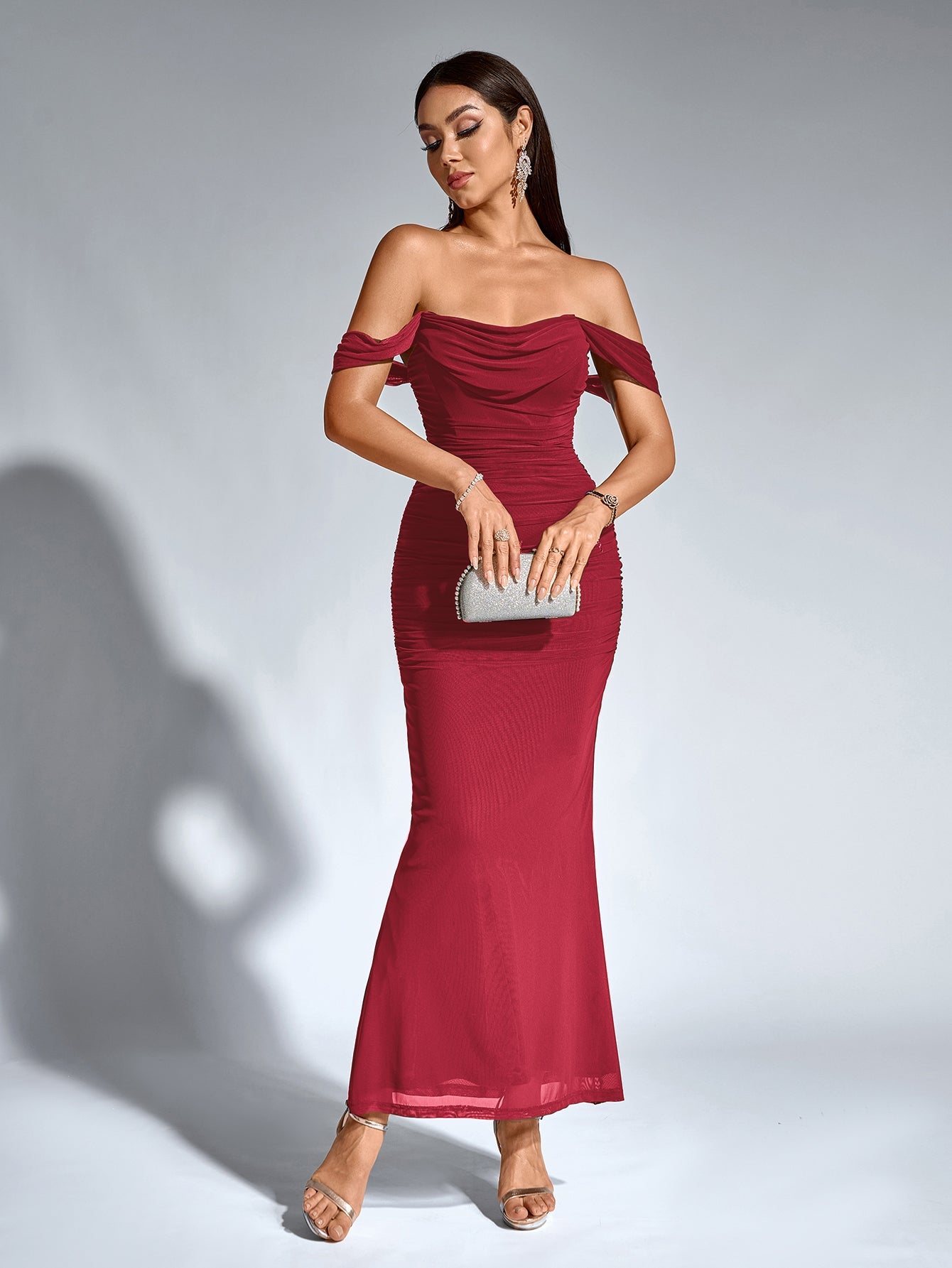 Vexira Off Shoulder Ruched Zipper Back Bodycon Dress