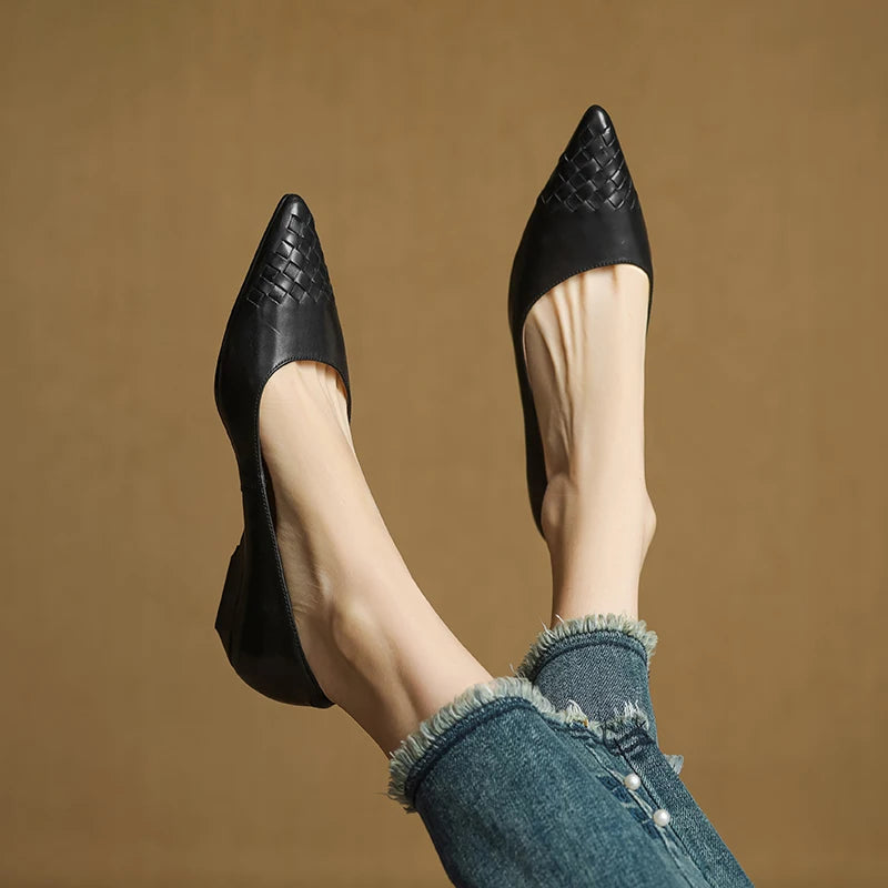 Emara Woven Leather Pumps — Genuine Leather Pointed Toe with Comfortable Wedge Heel