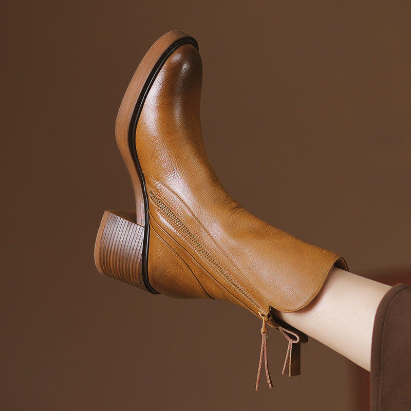 Vessara Vegan Leather Block-Heel Boots — Comfortable Zippered Fall Footwear