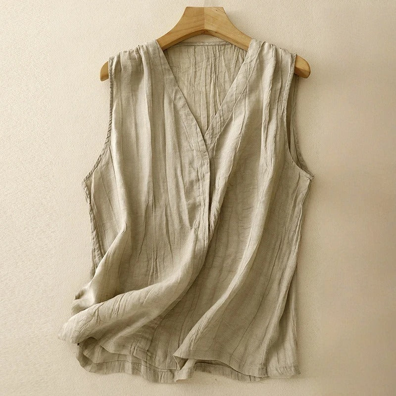 Veyan — Sleeveless Linen Blouse with Asymmetrical Gathered Fit