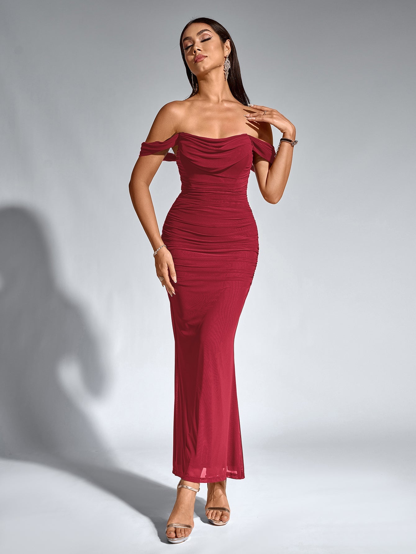 Vexira Off Shoulder Ruched Zipper Back Bodycon Dress